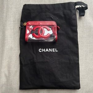 CHANEL CC Logo Clutch Bag Clear Vinyl Pouch Red W 11.8 Inch Vintage